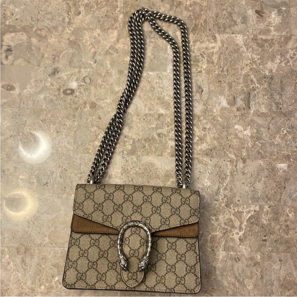 Gucci Tan and Brown Shoulder Classic Bag with Silver Chain Authentic